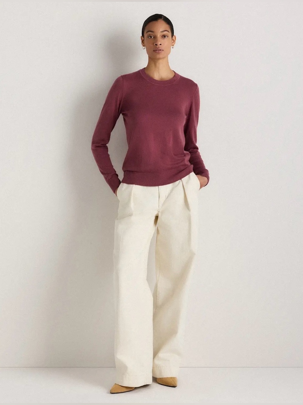 Quince lightweight cotton crew cashmere sweater, crushed berry pink, Size Large